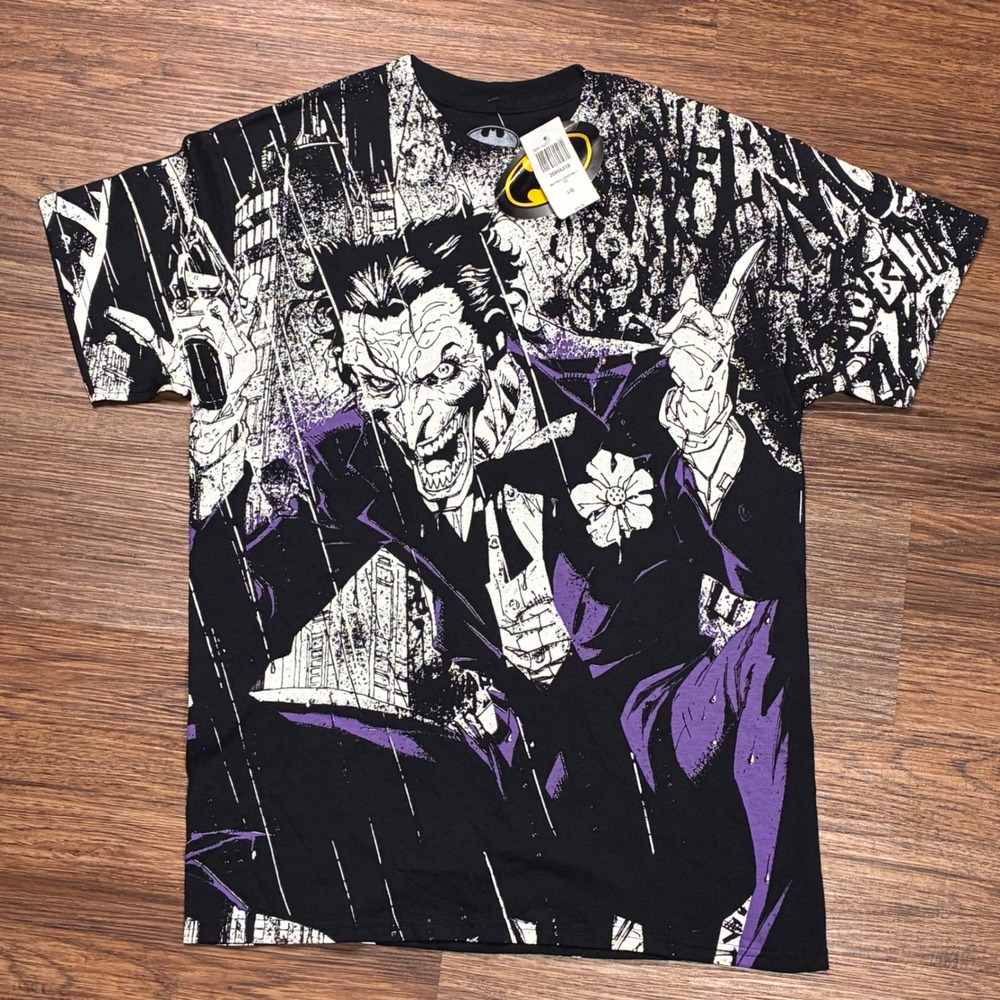 DC Comics Joker T-Shirt Women Large Black NWT Boyfriend Fit AOP City Tee